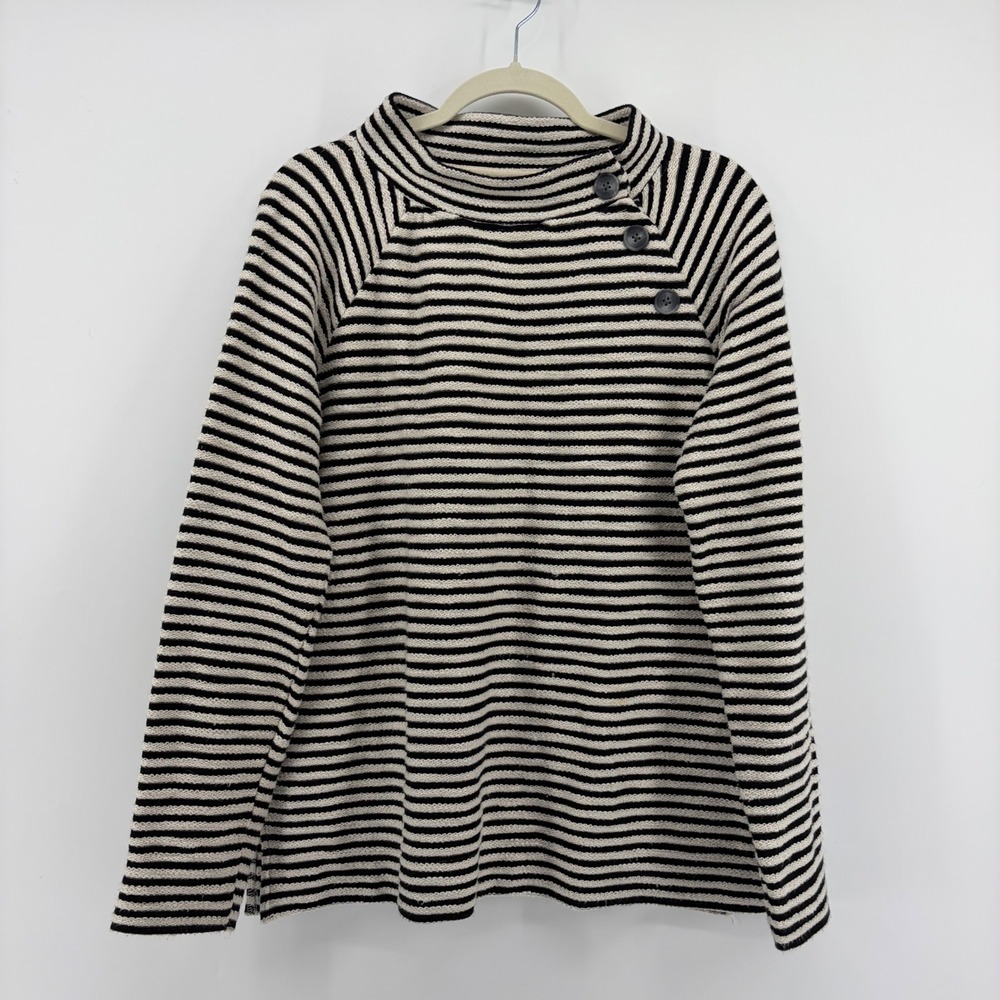 LOFT Womens Medium Sweater Black White Striped‎ Funnel Neck Button Raglan Cotton